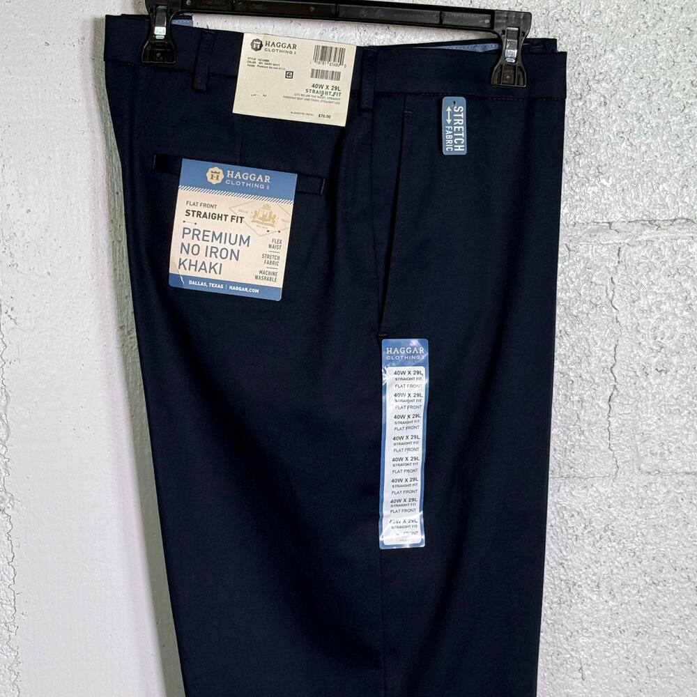 Haggar Men’s Premium No Iron Khaki Straight Flat-Front Pants Navy 40x29 $70